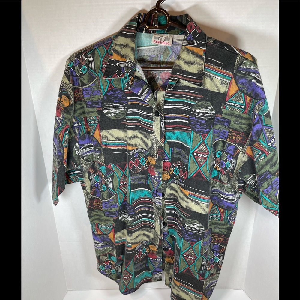 Denim Republic Vintage Men's Short Sleeve Button Down Shirt Geometric Si…